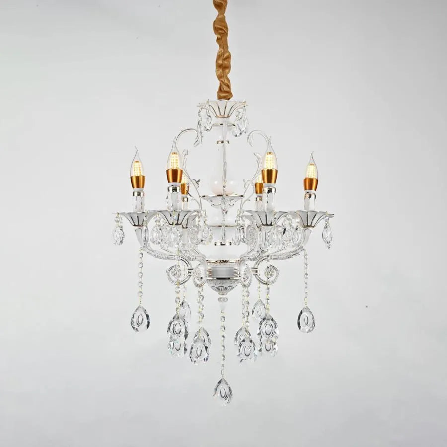 Candelabru Cristal Bruhier 6x E14, Diametru 55cm, Alb cu Auriu, Inaltime Reglabila
