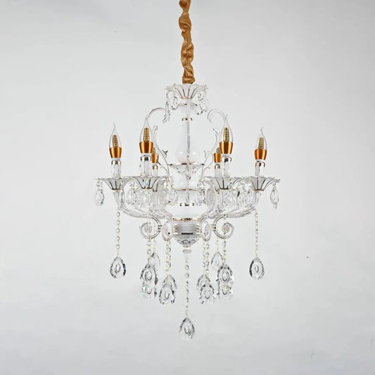 Candelabru Cristal Bruhier 6x E14, Diametru 55cm, Alb cu Auriu, Inaltime Reglabila