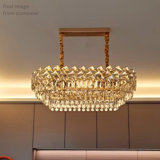 Candelabru Cristal WINDSOR Regalis 10x E27, Diametru 85cm, Auriu Lucios, Inaltime Reglabila