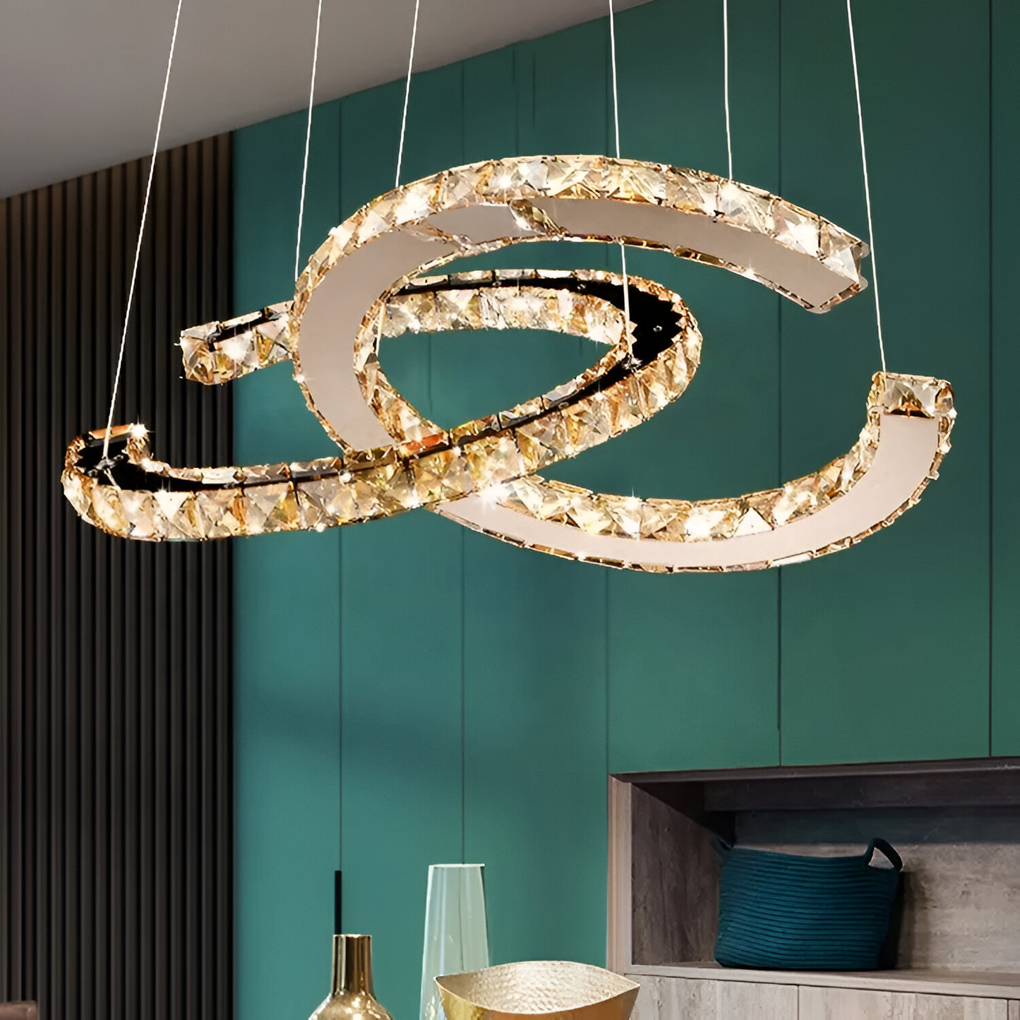 Lustra LED suspendata cu telecomanda si cristal PRISM ANTEA, 40W, 2 Cercuri, lumina Rece/Calda/Neutra, Dimabila, Argintiu, Inaltime Reglabila