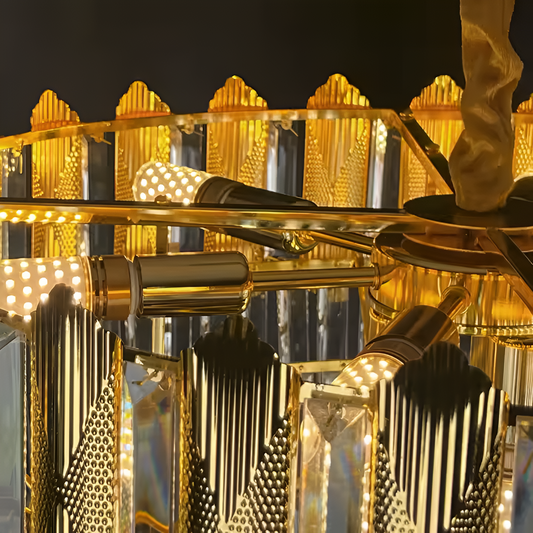 Candelabru Cristal BUCKINGHAM Eleganza 7x E14, Diametru 49cm, Auriu Lucios, Inaltime Reglabila