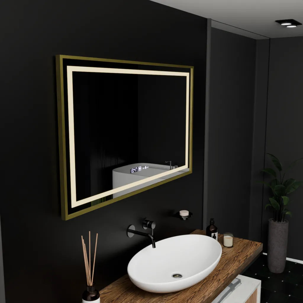 Oglinda LED Rectangulara, 100x80cm, Verite Royale Gold Motion Glow Marcello, Sistem Dezaburire, Ceas & Termometru, Dimabila