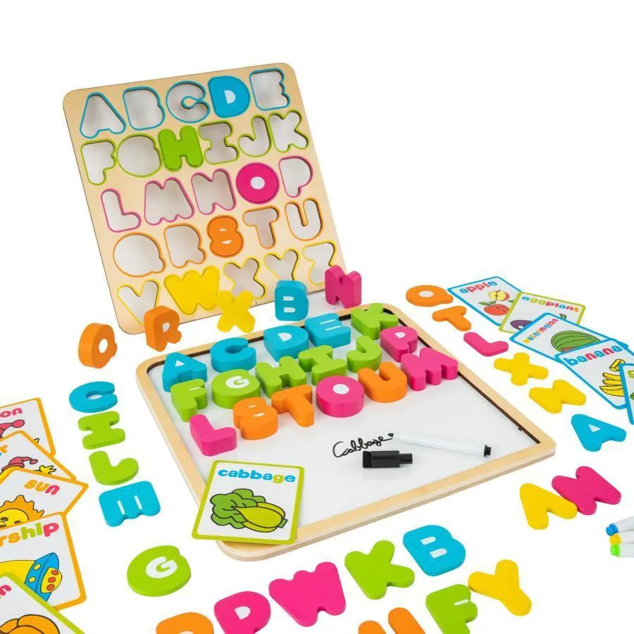 Joc tip Tabla cu Alfabet, Set 6 Bucati Carioci, Lemn