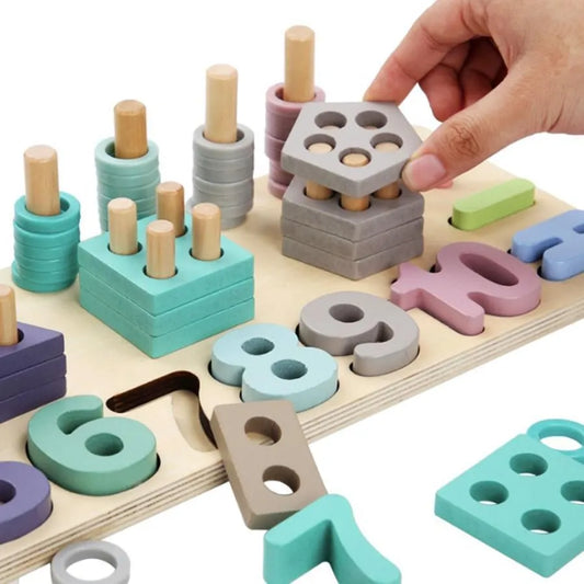 Joc Educativ Multifunctional Montessori cu Cifre, Numaratoare si Forme Geometrice, 80 Piese, Lemn
