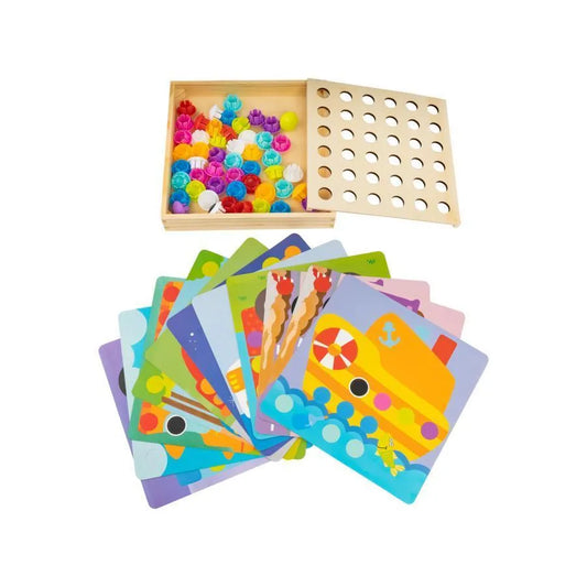 Joc tip Puzzle cu 11 Carduri si 50 de Piese Multicolore, Lemn, Plastic si Carton