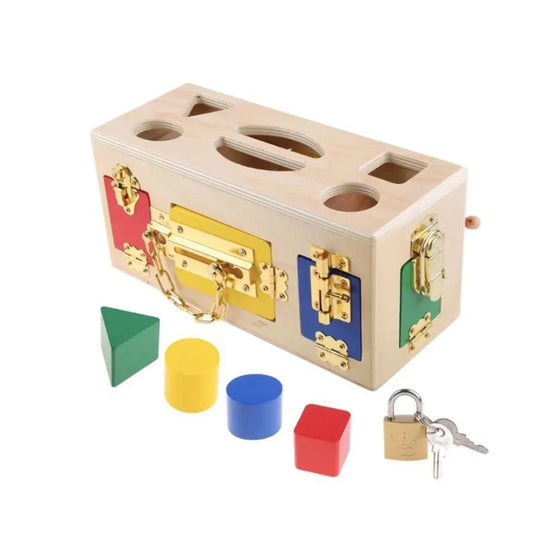 Jucarie Educativa Montessori Cubul Incuietorilor, 5 Piese, Multicolor, Lemn