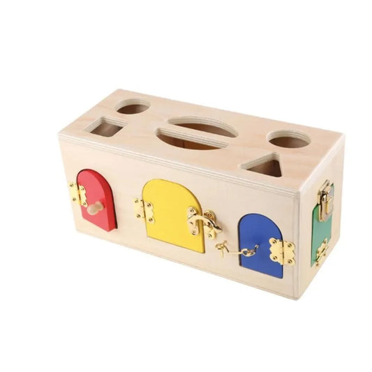 Jucarie Educativa Montessori Cubul Incuietorilor, 5 Piese, Multicolor, Lemn