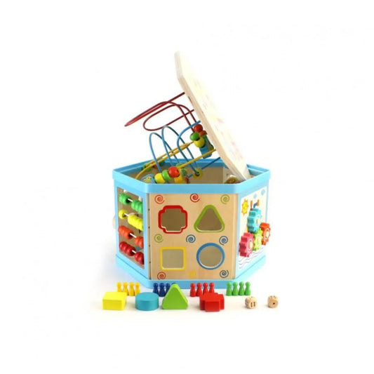 Jucarie Educativa Montessori Hexagonal din Lemn 8 in 1, 38 cm, Multicolor