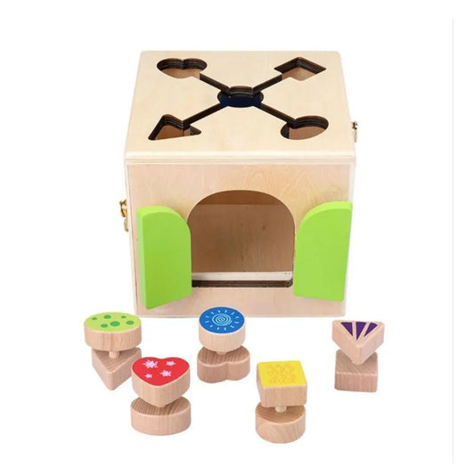 Jucarie Educativa Multifunctionala Montessori tip Cubul Incuietorilor Magice, 6 Piese, Multicolor, Lemn si Metal