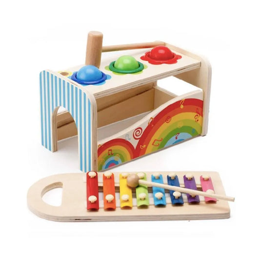 Jucarie Interactiva tip Cutia Muzicala cu Xilofon si Bilute Multicolore, 6 Piese, Lemn