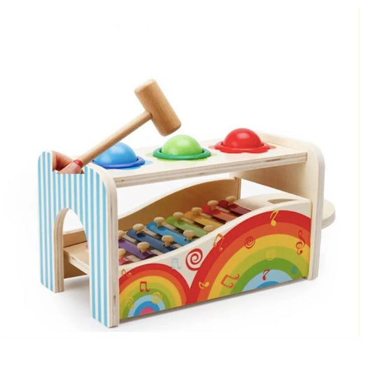 Jucarie Interactiva tip Cutia Muzicala cu Xilofon si Bilute Multicolore, 6 Piese, Lemn