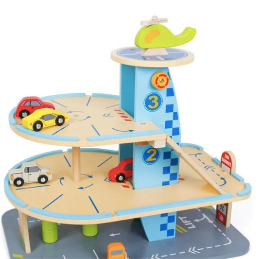 Jucarie tip Parcare Circulara cu Automobile, 30 Piese, Multicolor, Lemn