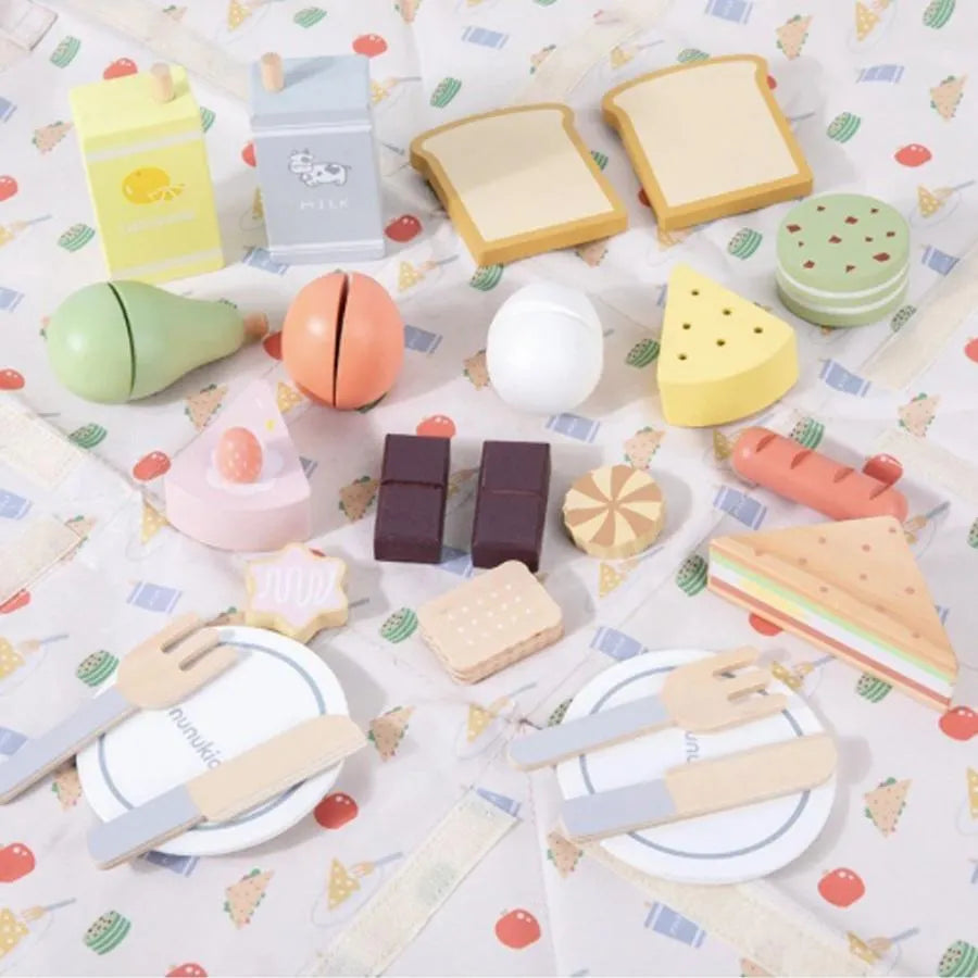 Jucarie tip Set Picnicul cu Delicii, 24 Piese, Multicolor, Lemn si Textil