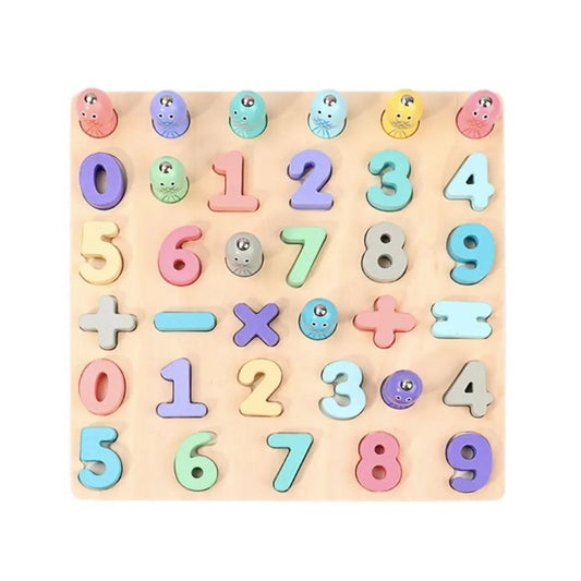 Jucarie tip Tabla Educativa cu Cifre si Pestisori Multicolori, 36 Piese, Lemn