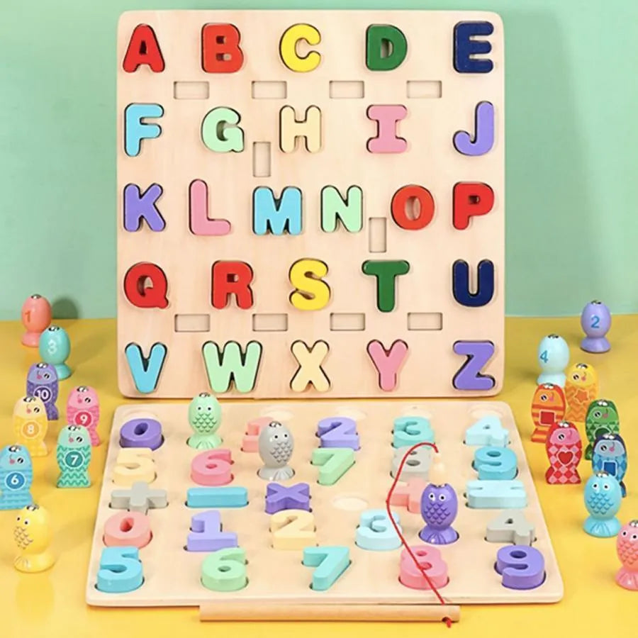 Jucarie tip Tabla Educativa cu Litere si Pestisori Multicolori, 36 Piese, Lemn