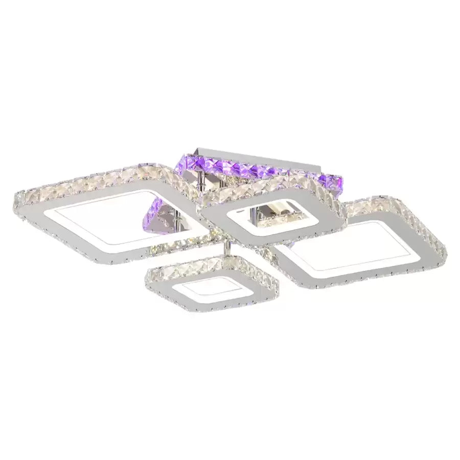 Lustra LED cu telecomanda si cristal NOVA RHOMBA RGB, 60W, 4 Patrate, lumina Rece/Calda/Neutra, Dimabila, Crom Lucios