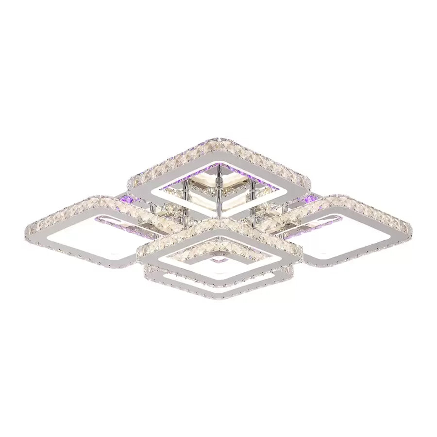 Lustra LED cu telecomanda cu cristal QUADRIA SUPREMO RGB, 148W, 5 Patrate, lumina Rece/Calda/Neutra, Dimabila, Crom Lucios