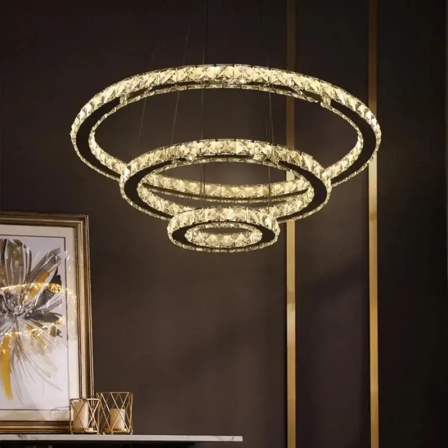 Lustra LED suspendata cu telecomanda si cristal PRISM LUMINIS , 78W, 3 Cercuri, lumina Rece/Calda/Neutra, Dimabila, Argintiu, Inaltime Reglabila