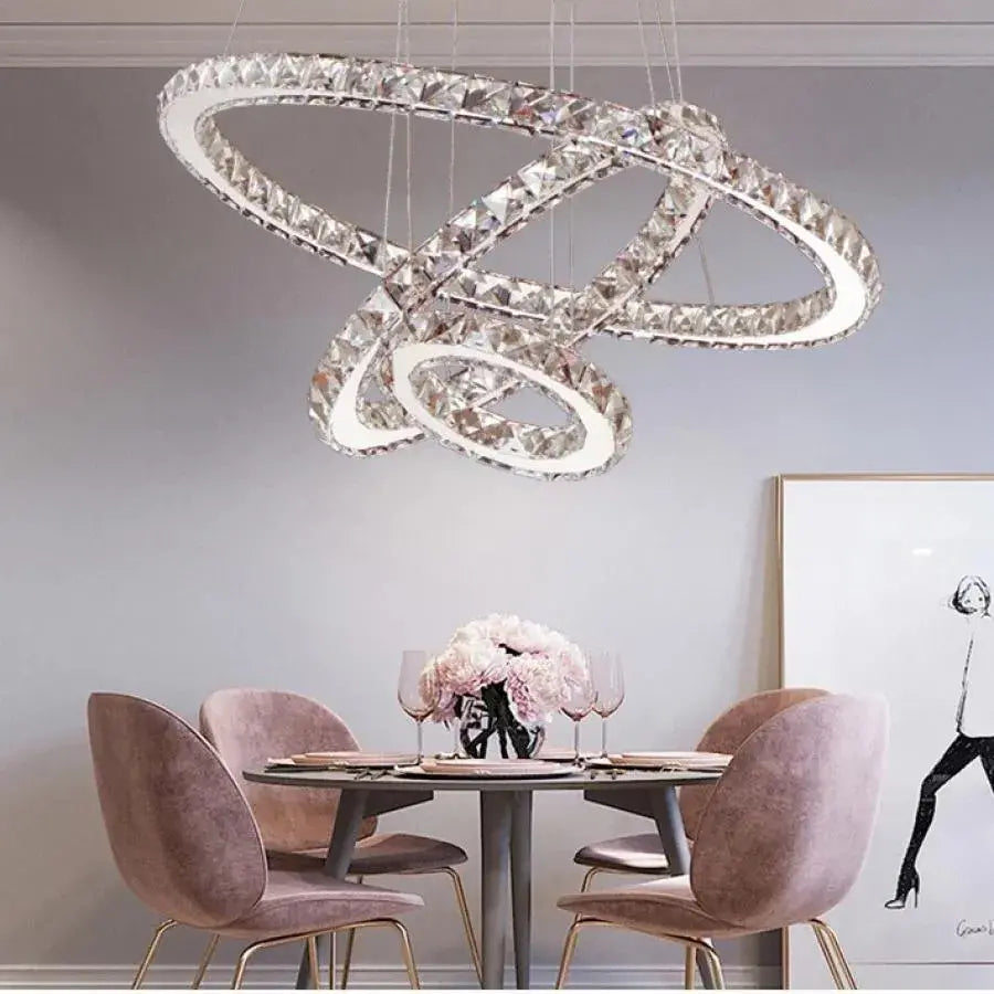 Lustra LED suspendata cu telecomanda si cristal PRISM LUMINIS , 78W, 3 Cercuri, lumina Rece/Calda/Neutra, Dimabila, Argintiu, Inaltime Reglabila