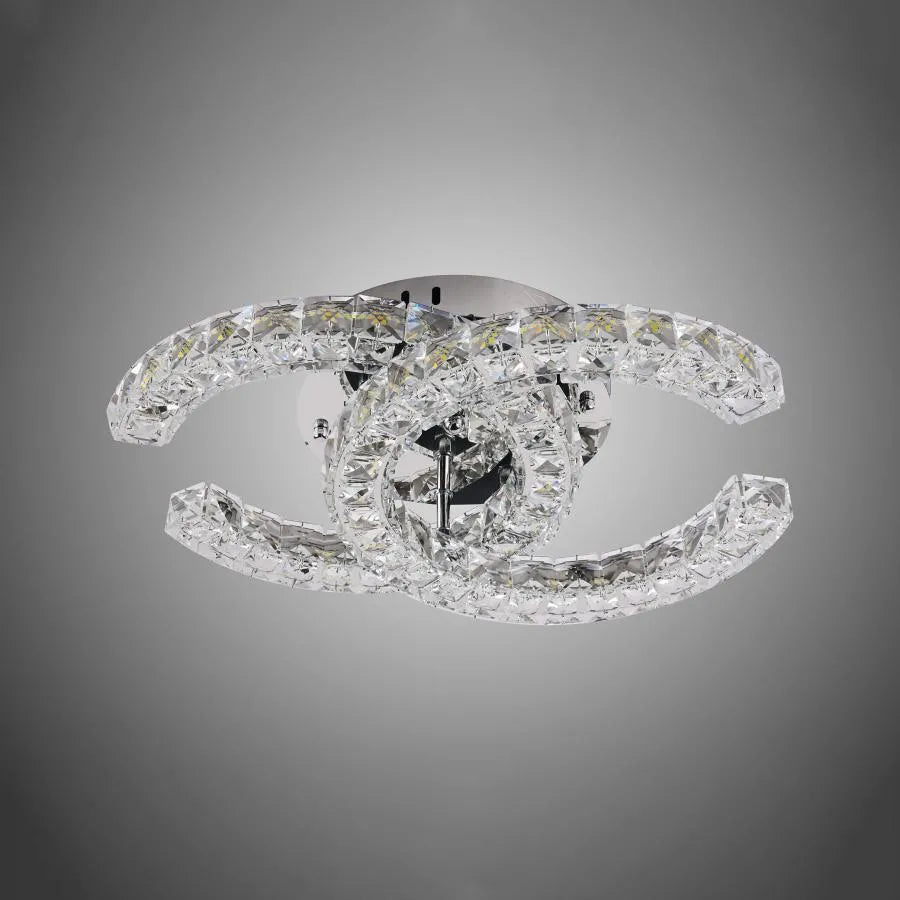 Lustra LED cu telecomanda si cristal SHIA, 27W, 2 Cercuri, lumina Rece/Calda/Neutra, Dimabila, Crom Lucios