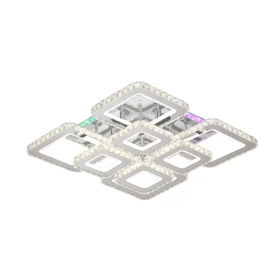 Lustra LED cu telecomanda si cristal QUADRIA SUPREMO RGB, 198W, 8 Patrate, lumina Rece/Calda/Neutra, Dimabila, Crom Lucios
