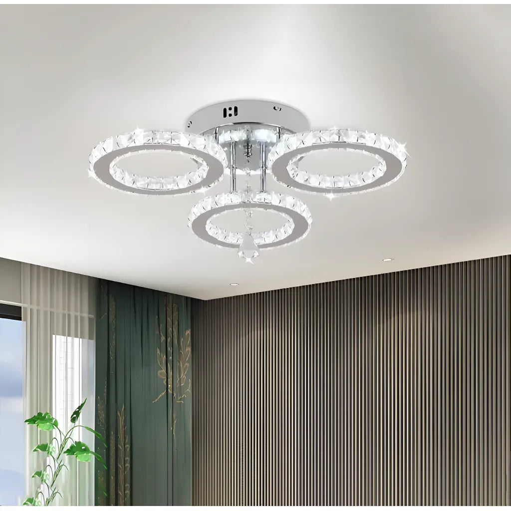 Lustra LED cu telecomanda si cristal ALANUBIS, 37W, 3 Cercuri, lumina Rece/Calda/Neutra, Dimabila, Crom Lucios