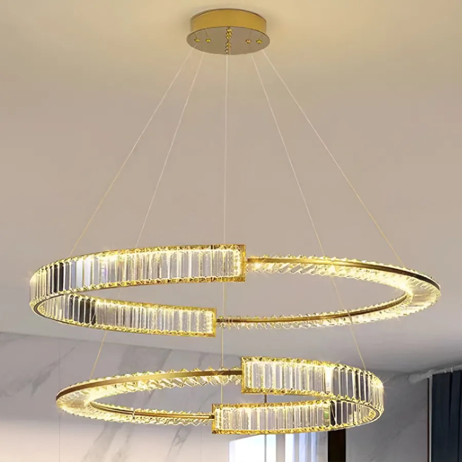 Lustra LED suspendata cu telecomanda si cristal PRISM REGAL 200W, 2 Cercuri, lumina Rece/Calda/Neutra, Dimabila, Auriu, Inaltime Reglabila