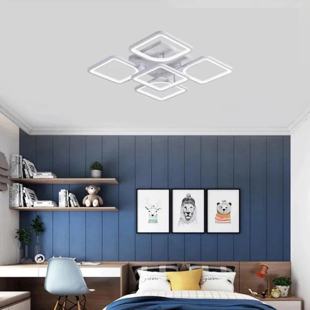 Lustra LED cu Telecomanda, ZOE, 5 Patrate, 96W, Lumina Rece/Calda/Neutra, Dimabila, Alb