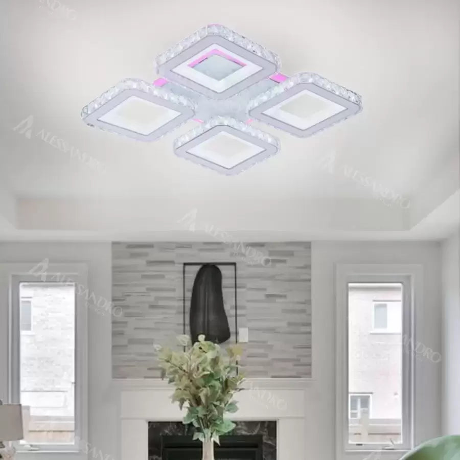 Lustra LED Leila cu Telecomanda, 79W, Crom cu Alb, Metal si Cristal, Dimabila, RGB