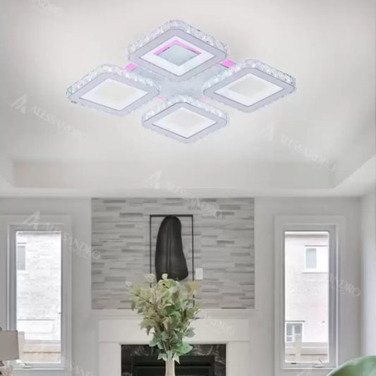 Lustra LED Leila cu Telecomanda, 79W, Crom cu Alb, Metal si Cristal, Dimabila, RGB