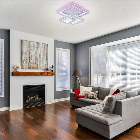 Lustra LED cu telecomanda si cristal NOVA QUADRIA RGB, 154W, 3 Patrate, lumina Rece/Calda/Neutra, Dimabila, Alb