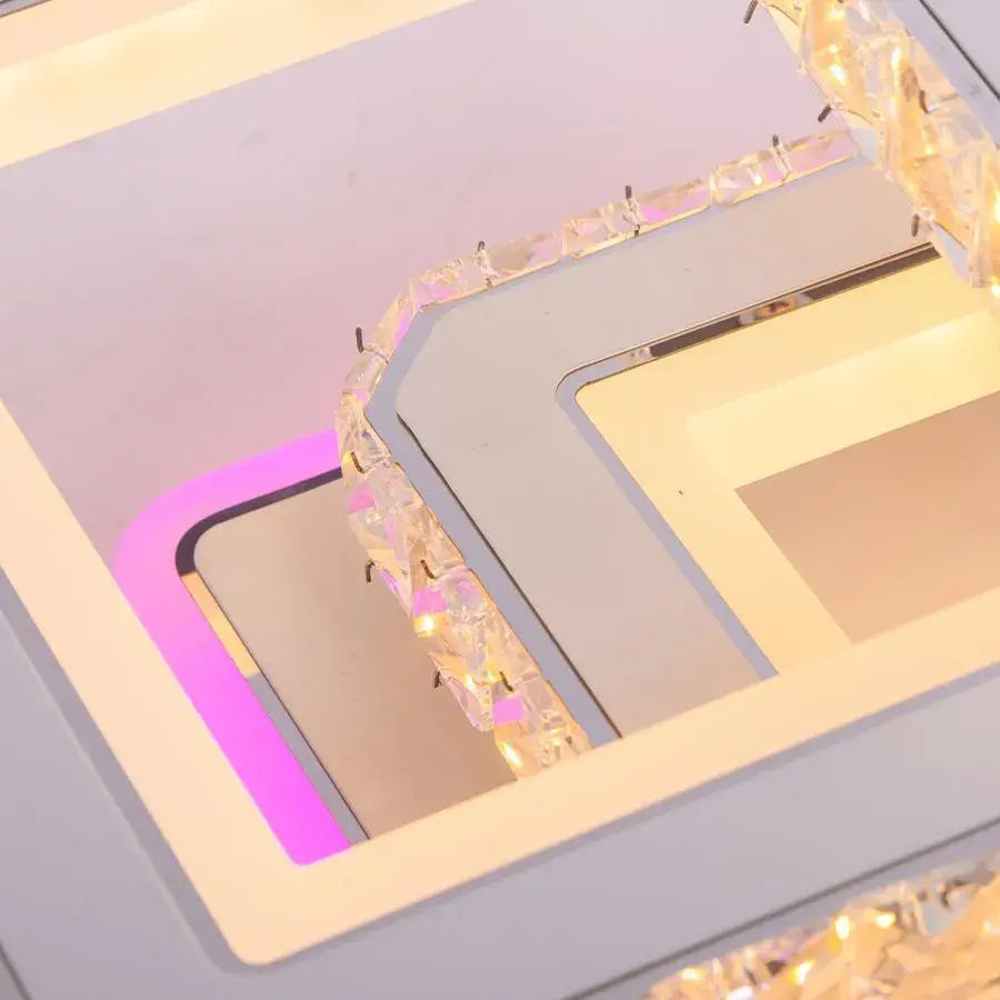 Lustra LED cu telecomanda si cristal NOVA QUADRIA RGB, 154W, 3 Patrate, lumina Rece/Calda/Neutra, Dimabila, Alb