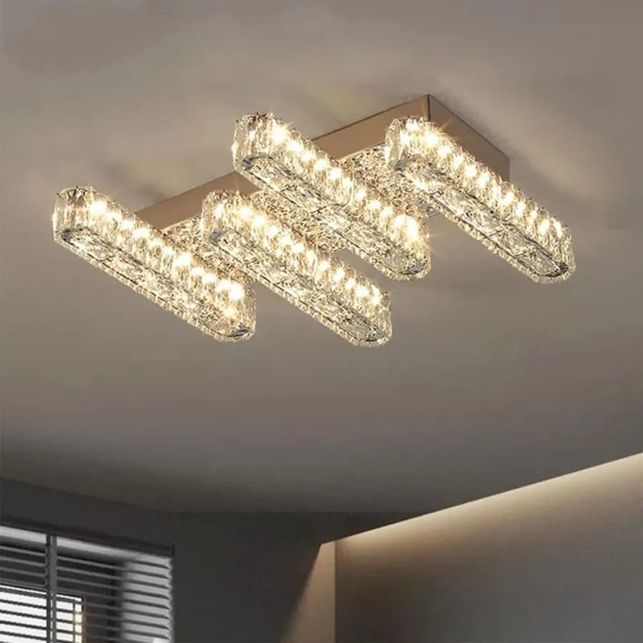 Candelabru LED PRISCILA, cu Telecomanda, 80W, Cristal, Crom Lucios, Dimabila, Lumina Calda/Rece/Neutra