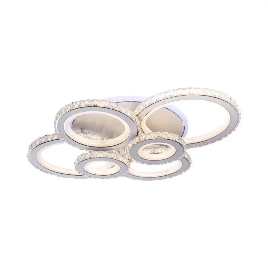 Lustra LED cu telecomanda si cristal NOVA ROTONDA RGB, 154W, 6 Cercuri, lumina Rece/Calda/Neutra, Dimabila, Alb