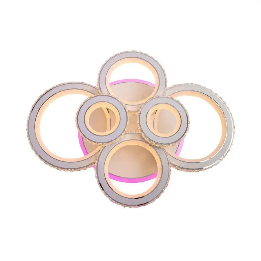 Lustra LED cu telecomanda si cristal NOVA ROTONDA RGB, 154W, 6 Cercuri, lumina Rece/Calda/Neutra, Dimabila, Alb