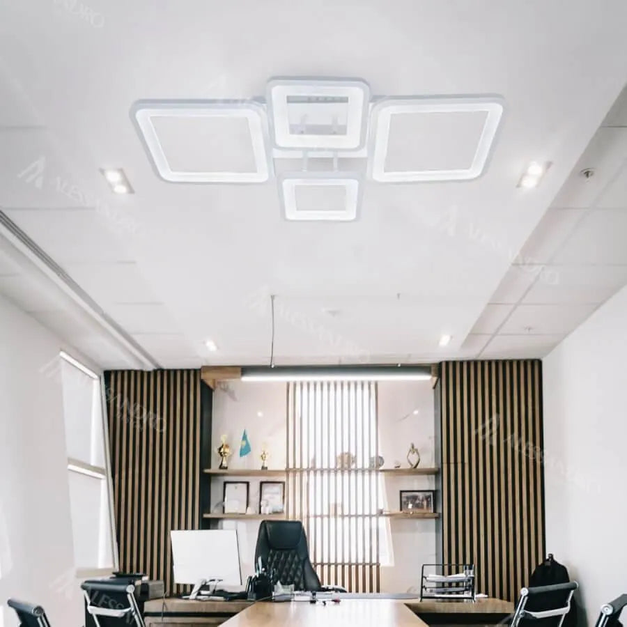 Lustra LED cu Telecomanda, ELLA, 4 Patrate, 85W, Lumina Rece/Calda/Neutra, Dimabila, Alb