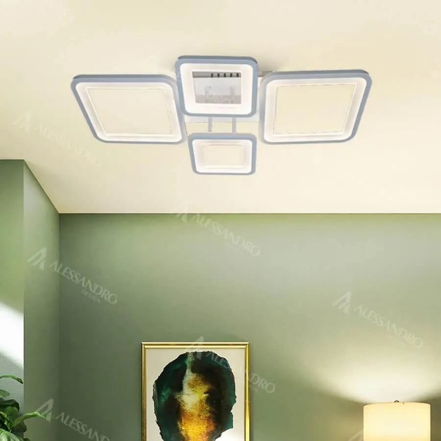 Lustra LED cu Telecomanda, ELLA, 4 Patrate, 85W, Lumina Rece/Calda/Neutra, Dimabila, Alb
