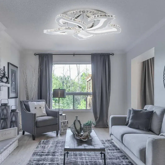 Lustra LED cu telecomanda si cristal KAMDYN RGB , 180W, 5 Flori, lumina Rece/Calda/Neutra, Dimabila, Crom Lucios