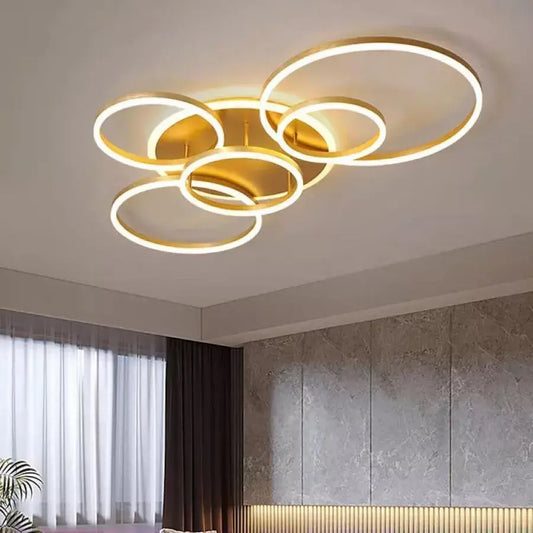 Lustra LED cu Telecomanda LYRA, 248W, 5 Cercuri, Dimabila, Auriu Periat, Lumina Rece/Calda/Neutra