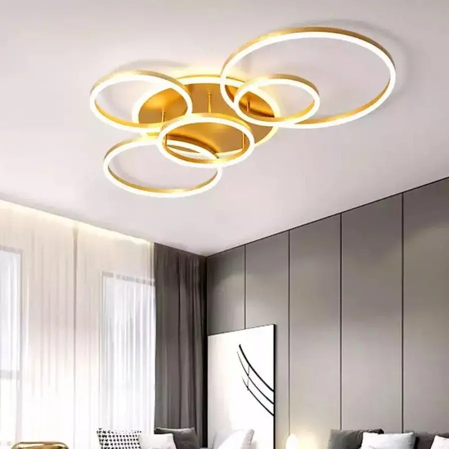 Lustra LED cu Telecomanda LYRA, 248W, 5 Cercuri, Dimabila, Auriu Periat, Lumina Rece/Calda/Neutra