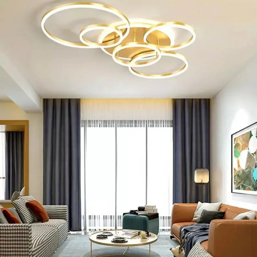 Lustra LED cu Telecomanda LYRA, 248W, 5 Cercuri, Dimabila, Auriu Periat, Lumina Rece/Calda/Neutra