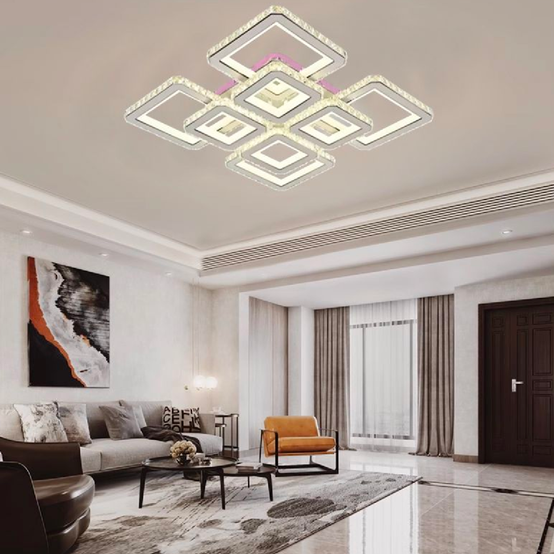 Lustra LED cu telecomanda si cristal LEICA, 237W, 8 Patrate, lumina Rece/Calda/Neutra, Dimabila, Alb