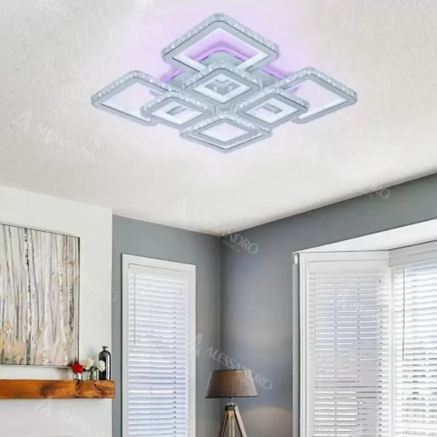 Lustra LED cu telecomanda si cristal LEICA, 237W, 8 Patrate, lumina Rece/Calda/Neutra, Dimabila, Alb