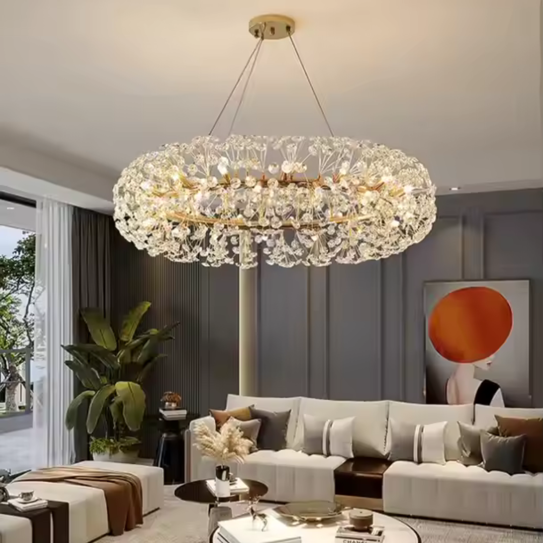 Candelabru Cristal MINUET 12x G9, Diametru 60cm, Auriu Lucios, Inaltime Reglabila