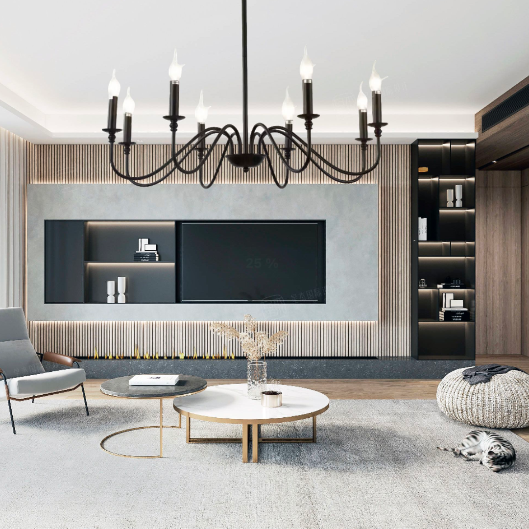 Candelabru Cristal Oliveto 8xE14, Diametru 92cm, Negru, Inaltime Reglabila