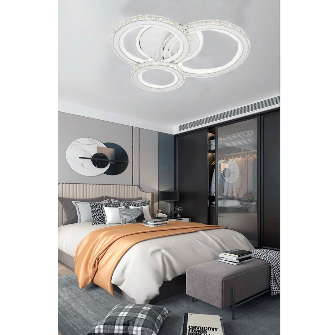 Lustra LED cu telecomanda si cristal NOVA ROTONDA RGB, 154W, 3 Cercuri, lumina Rece/Calda/Neutra, Dimabila, Alb