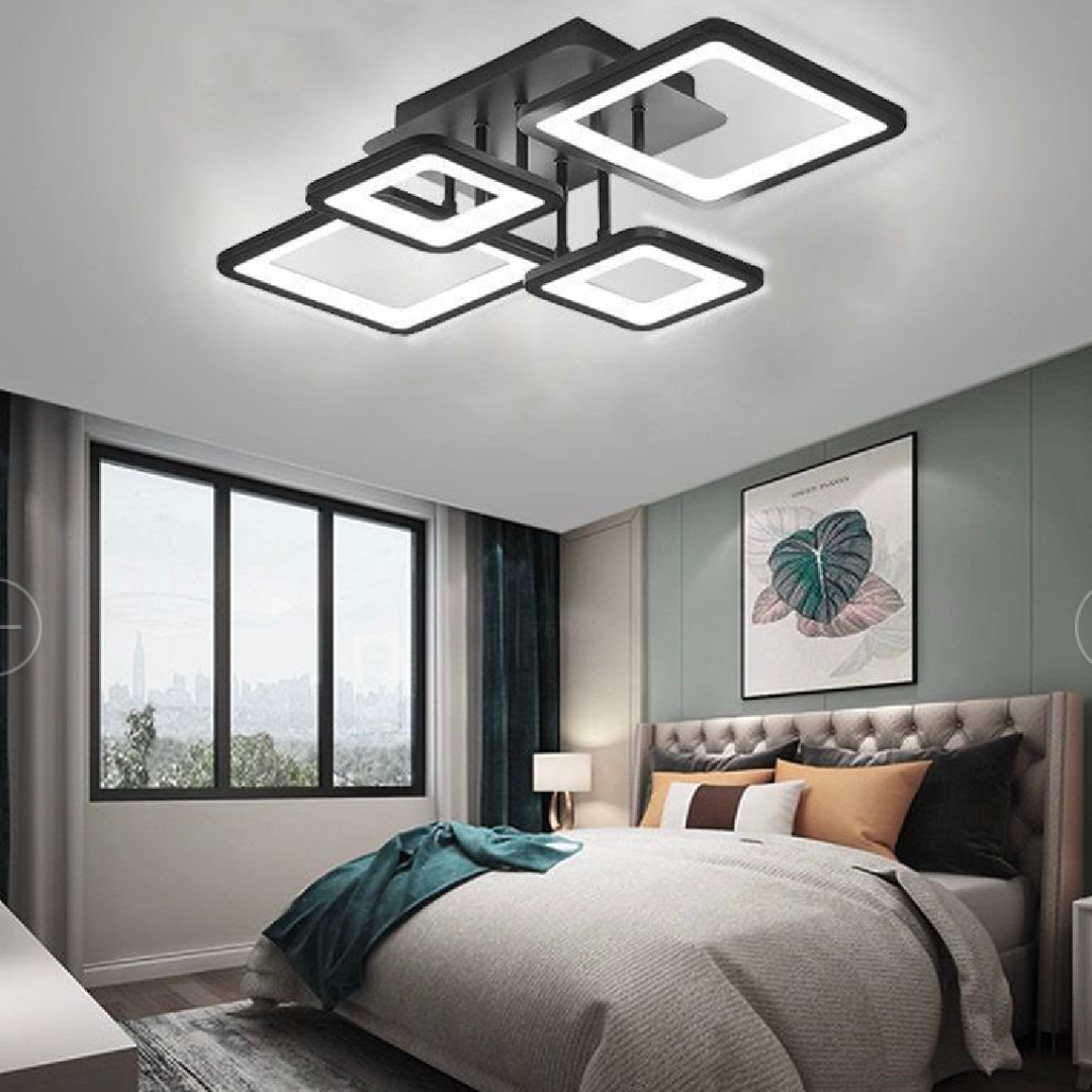 Lustra LED cu Telecomanda, ELLA, 4 Patrate, 85W, Lumina Rece/Calda/Neutra, Dimabila, Negru