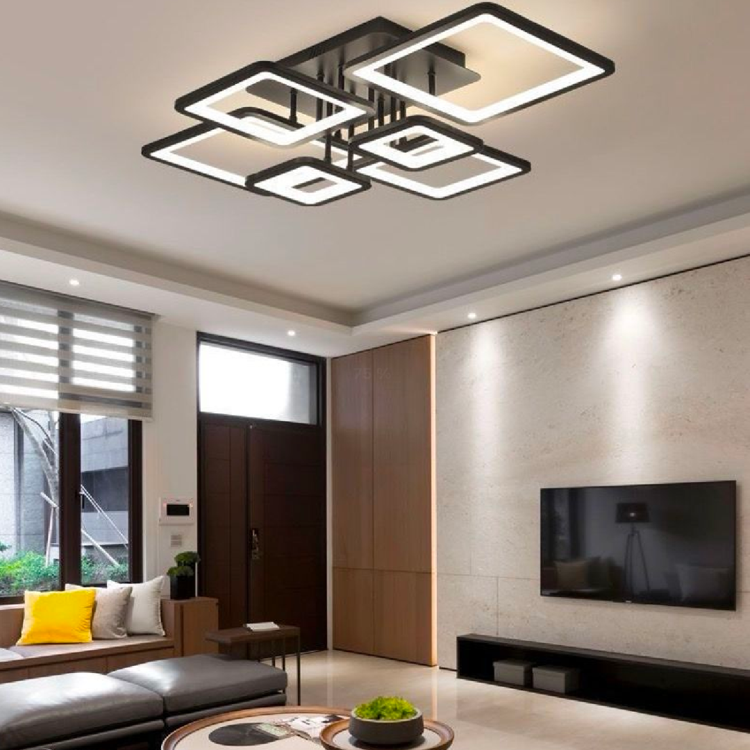 Lustra LED cu Telecomanda, ELLA, 6 Patrate, 124W, Lumina Rece/Calda/Neutra, Dimabila, Negru