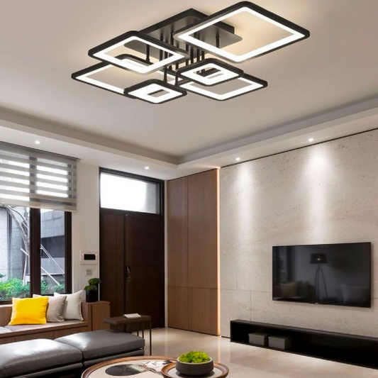 Lustra LED cu Telecomanda, ELLA, 6 Patrate, 124W, Lumina Rece/Calda/Neutra, Dimabila, Negru