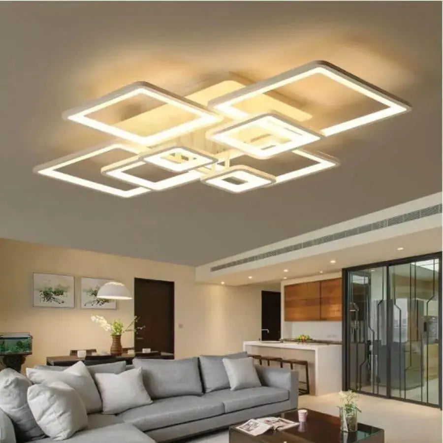 Lustra LED cu Telecomanda, ELLA, 8 Patrate, 203W, Lumina Rece/Calda/Neutra, Dimabila, Alb